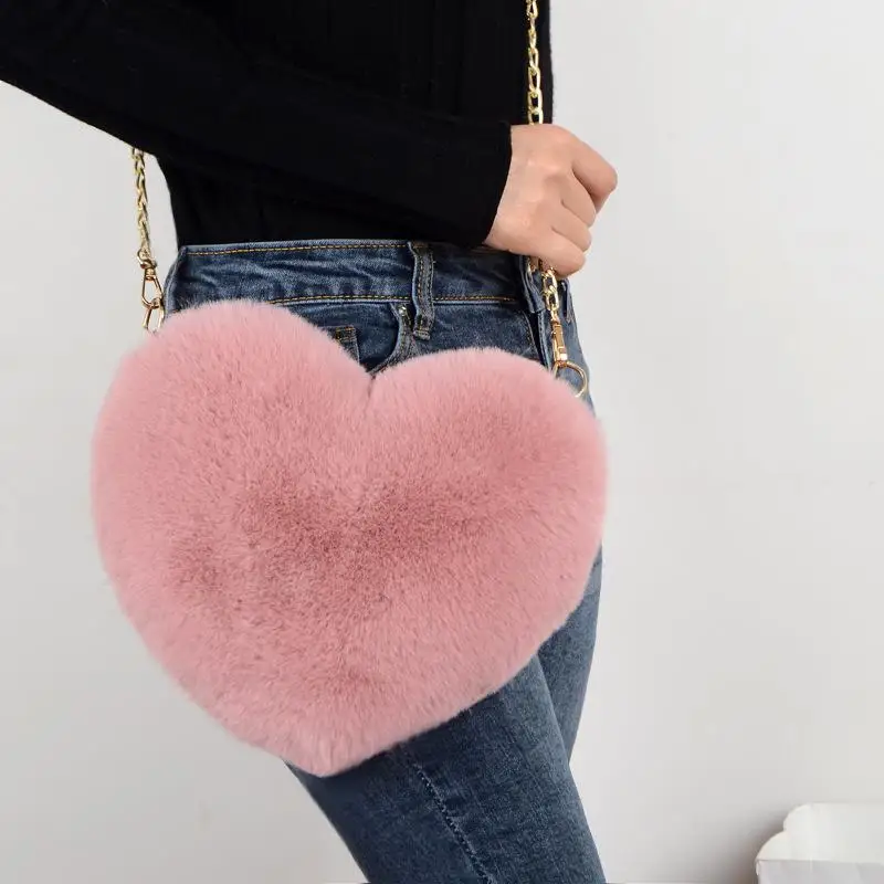 Роскошные женские кошельки для девушек, милая дизайнерская меховая сумка на плечо в форме сердца с цепочкой, Мини Вечерний Клатч, сумка через плечо, Bolsa Feminina