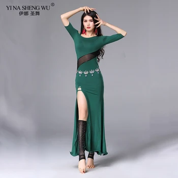 

New Women Belly Dance Practice Dress Mesh Splice Dance Dress Professional Bellydance Oriental Dance Slit Short Sleeve Sexy Dress