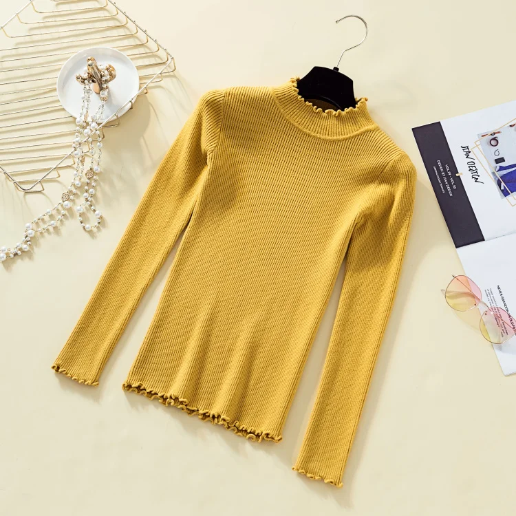 Свитер с гофрированным воротником, Женский пуловер, зимняя одежда, женский корейский топ, полуводолазка, вязаная Повседневная однотонная полосатая рубашка, стрейчевая - Цвет: Цвет: желтый