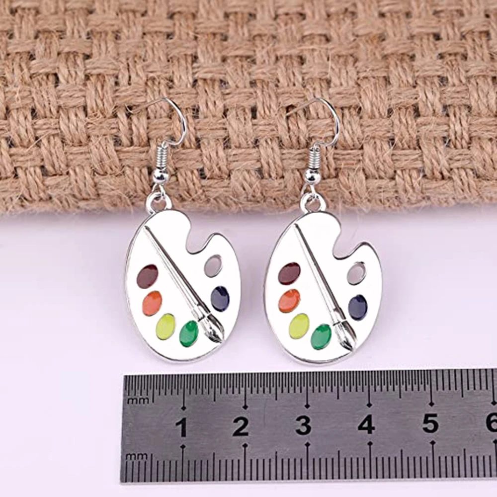 Drop Earrings Dangle Earrings Long Earrings Dome Teardrop Earrings Palette Shape Women Earring Brushes and Five-color Paints Personality Girl Earring Unique Gift for Painter