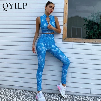 

QYILP 2 Piece Outfits for Women 2020 Summer Autumn Sports Stitching Exposed Navel Zipper Sleeveless Vest Tie-dye Trousers Suit