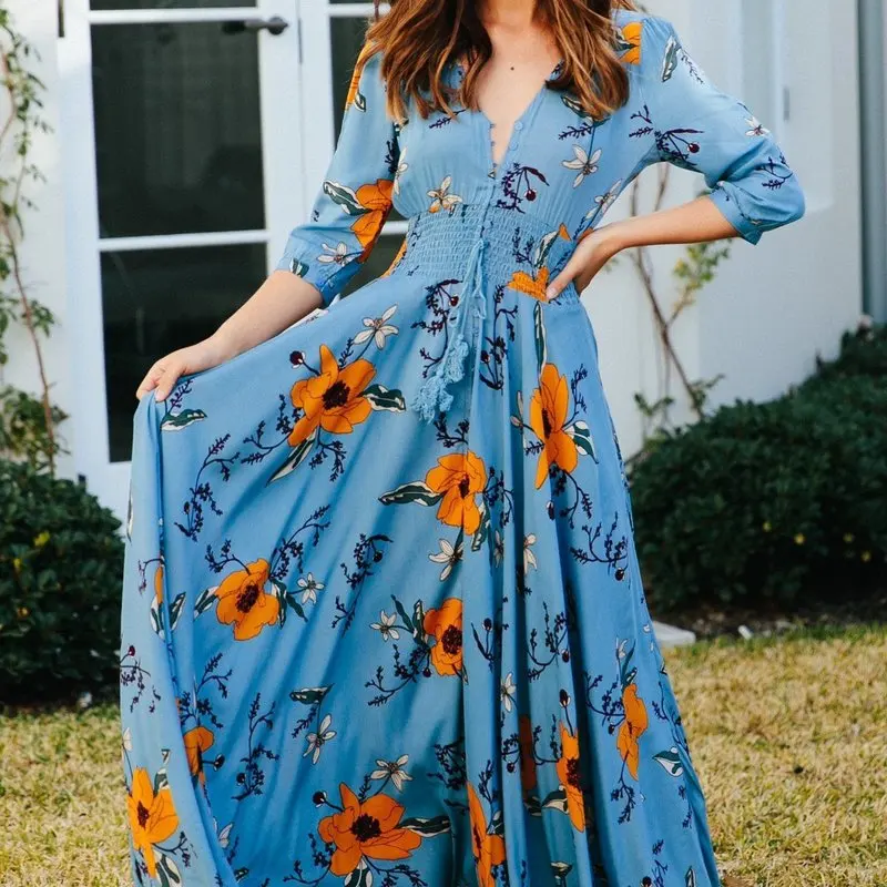 

Pareo Beach Female Swimsuit 2020 Suits For Women Skirt Swim Dress Explodes Bohemia Print Neck Button 7 Minutes Long Sleeve
