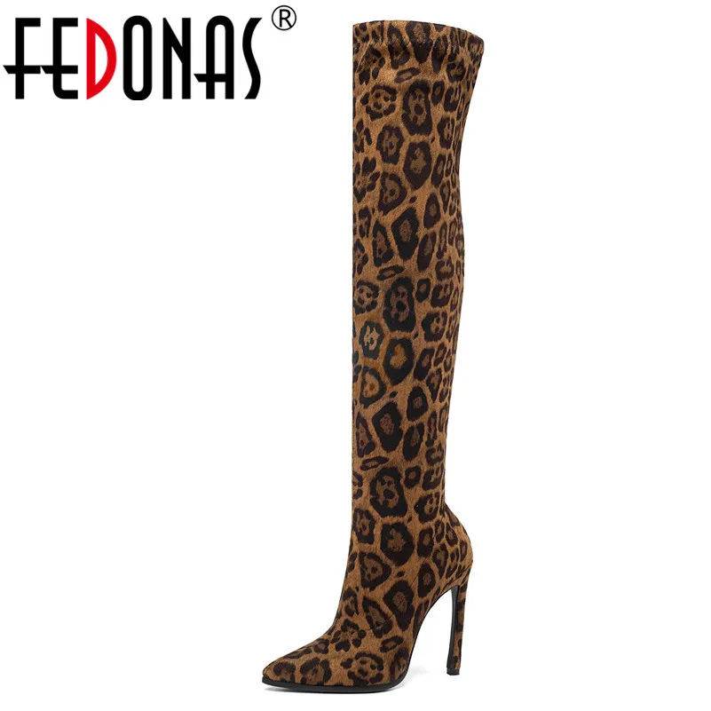 

FEDONAS Women High Heels Over The Knee Boots Leopard Sexy Party Prom Shoes Woman Autumn Winter New Female Big Size Socks Boots