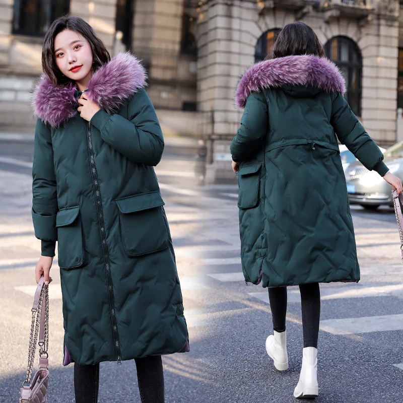 Плюс размер 5XL зимняя куртка женская хлопковая верхняя одежда женское длинное пальто с капюшоном с мехом свободная парка большой карман высокое качество - Цвет: Зеленый