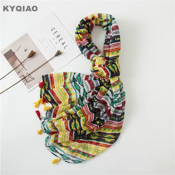 

KYQIAO Vintage neck scarf for women autumn winter Mexico style original design long geometric print head scarf neckerchief