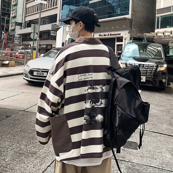 

2019 Autumn And Winter New Stitching Korean Version Of The Men's Personality Back Print Striped Loose Casual Polo Shirt