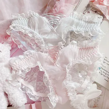 

Lolita Sweet Women's Cute Ribbon Lace Cross Strap Ruffles Panties Underwear Small Fresh Young Girl Low Waist Briefs Summer