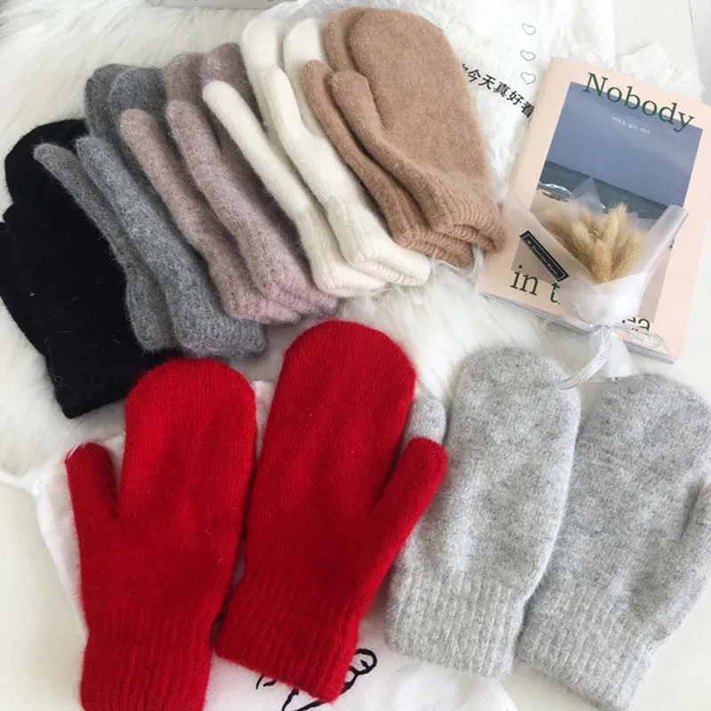 

Double Layer Rabbit Fur Gloves Women Winter Version of Solid Color Full-finger Winter Gloves Knitted Plush Winter Mittens Cold