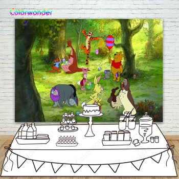 

Winnie Pooh With Friend In Forest Play Games Photographic Backdrop Green Tree and Grasses Photo Background For Baby Shower Kids Newborn 1st Birthday Party Celebration Decoration Banner Photo Studio Props