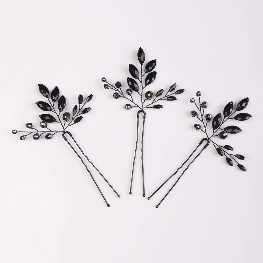 Bridal Hair Accessories Women Black Crystal Hairpins