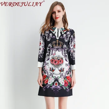 

VERDEJULIAY Runway Designer Dress 2020 Spring Fall New Fashion Long Sleeve Turn-Down Collar Beading Diamonds Flower Print Dress