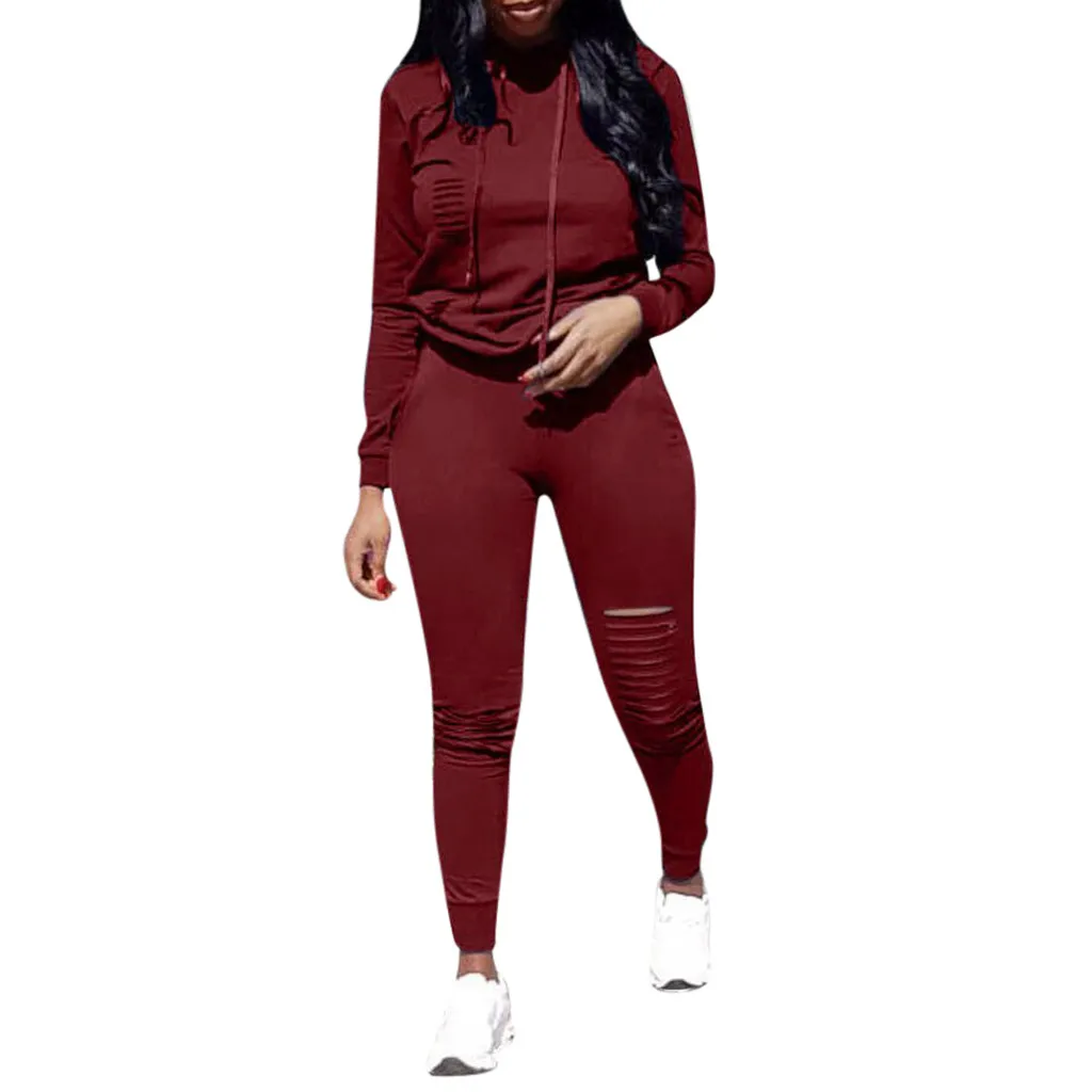JAYCOSIN женский спортивный свитшот с длинными рукавами и карманами, с капюшоном, топы с завязками, комплект со штанами, повседневный Женский комплект 2 шт., костюм a5