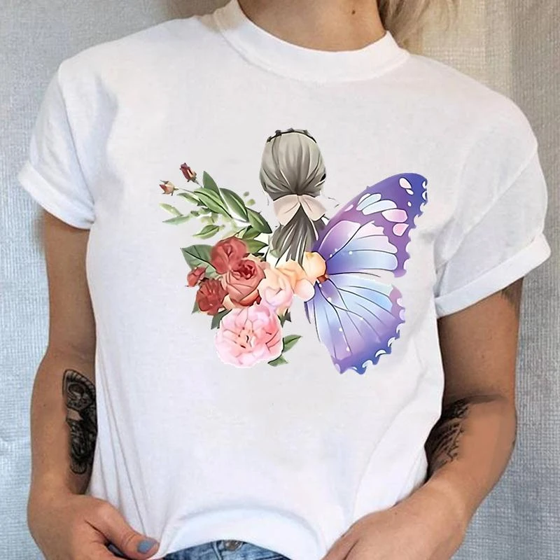 Camiseta de manga corta con estampado de flores y mariposas para mujer,  remera estampada para mujer, ropa con estampado de dibujos animados| Camisetas| - AliExpress