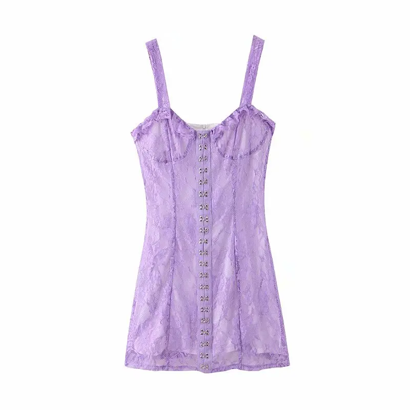 7446 purple YF51 Bazaleas винтажное фиолетовое кружевное женское мини-платье на бретельках модное женское платье с рюшами сексуальное платье на пуговицах vestidos - Цвет: 7446 purple YF51