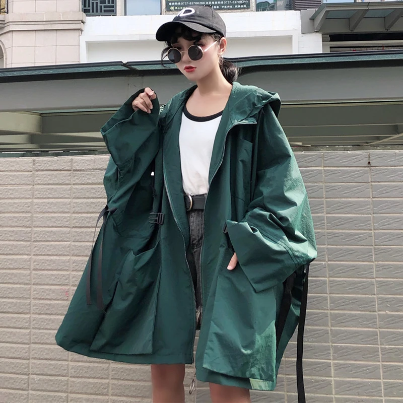 Neploe Harajuku с капюшоном куртка с затяжкой, больше обычного размера, длинный поясом тонкая талия пальто Новинка осени Для женщин стиль сафари куртки 54826