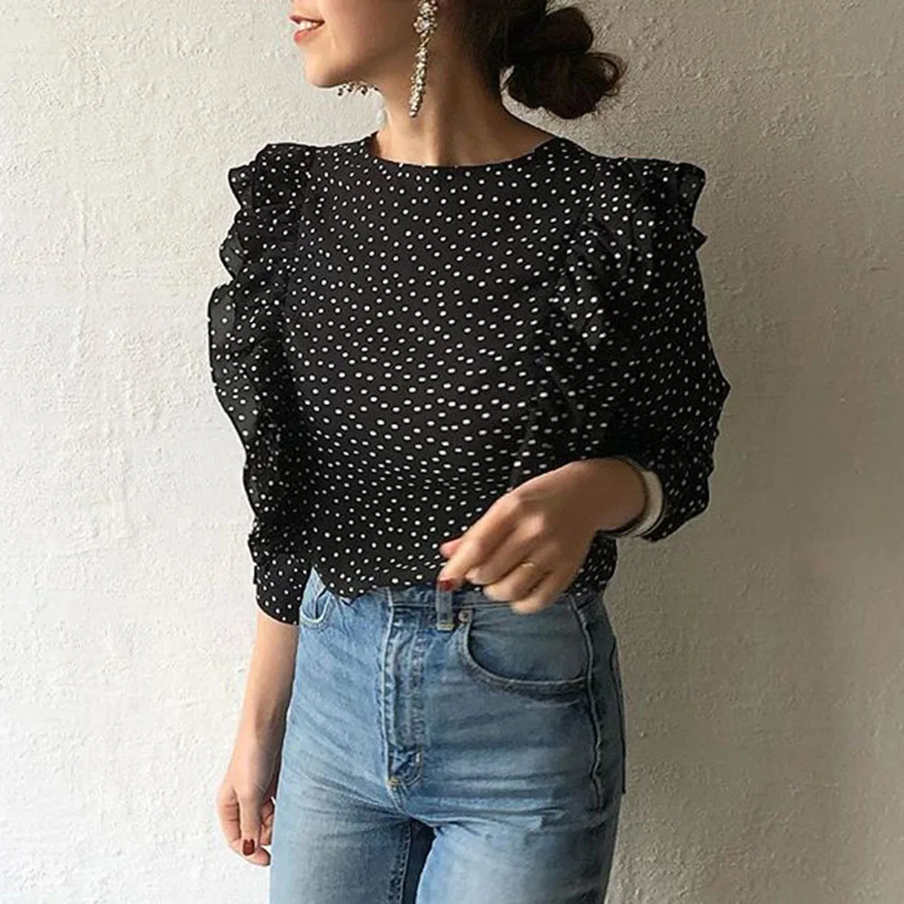 

Korean Chiffon Blouse Women 2020 Long Sleeve O-Neck Black Polka Dots Falbala Shirts Office Lady Elgant Causal Tops Shirts