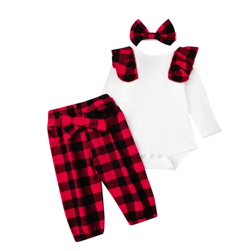 Белый Одежда для новорожденных девочек; комбинезон с длинными рукавами и оборками для малышей; клетчатые штаны; комплект одежды; Рождественская одежда; зимняя одежда для малышей - Цвет: Белый