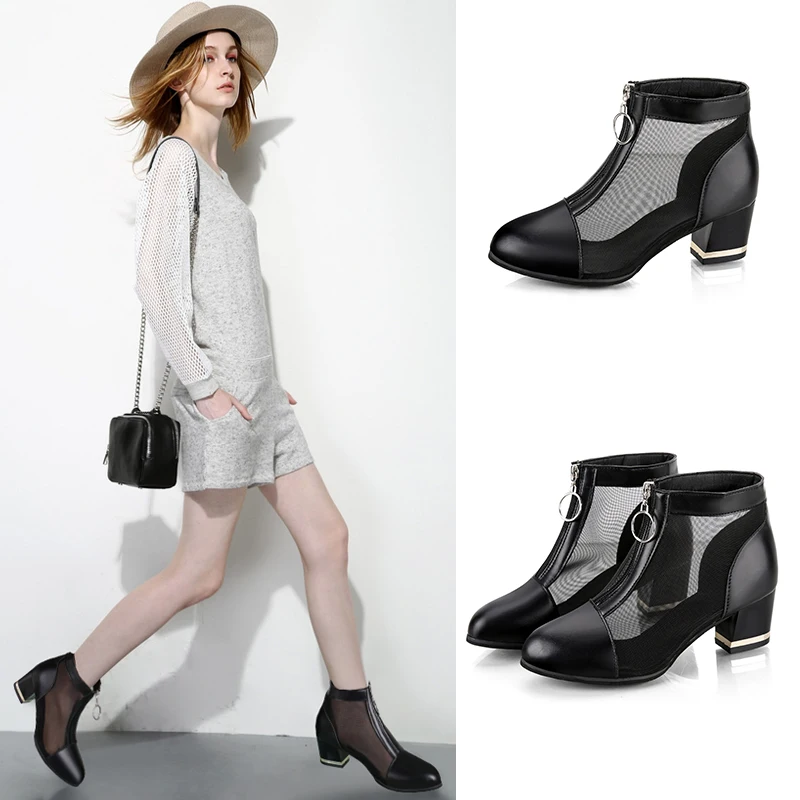 

2020 Brand Zipper Boots Woman Front Big Zipper Open Botas Mid-Calf Botines Summer Thick High Heels PSummer Ankle Boots For Women