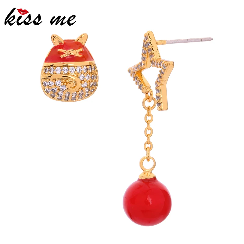 

kissme Asymmetric Unique Red Enamel Acrylic Bead Shiny Zircon Cat Star Drop Earrings For Women Gold Color Brass Fashion Jewelry