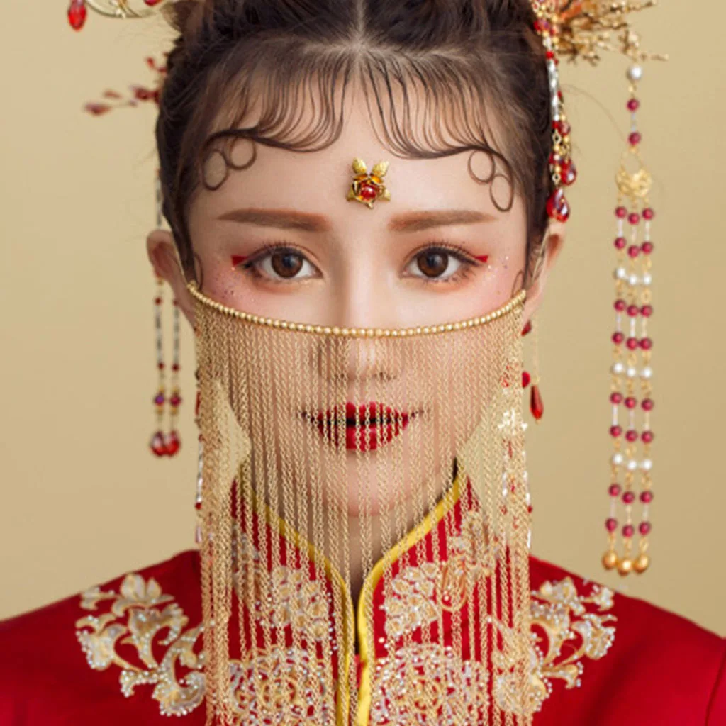 Traditional Chinese Golden Chain Tassel Red Beads Bridal Wedding Veil Curtain Fringed Elegant Fashion