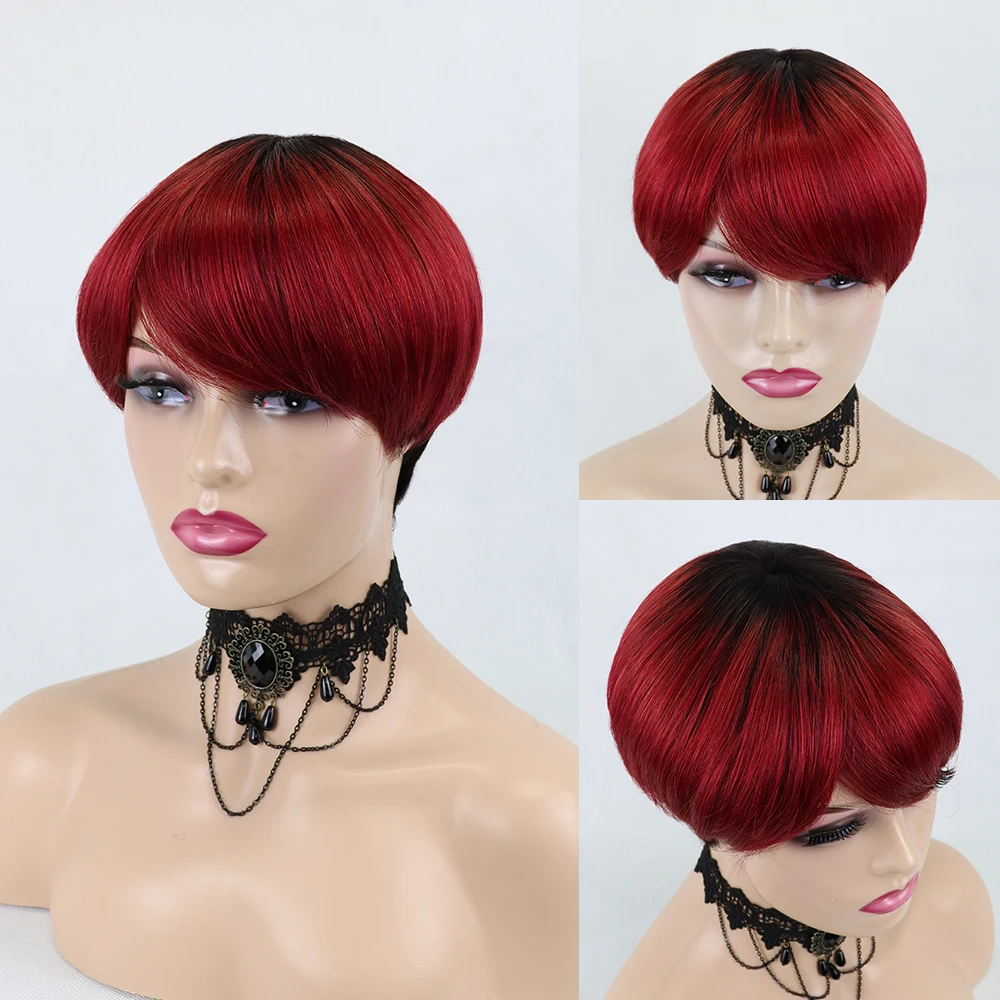 Perucas de Corte Brasileiro para as Mulheres Pixie Curto Natural Preta Reta Glueless Perucas Cabelo Remy Completa Máquina Feita Cor 24 Pixie perucas de corte curto natural cor