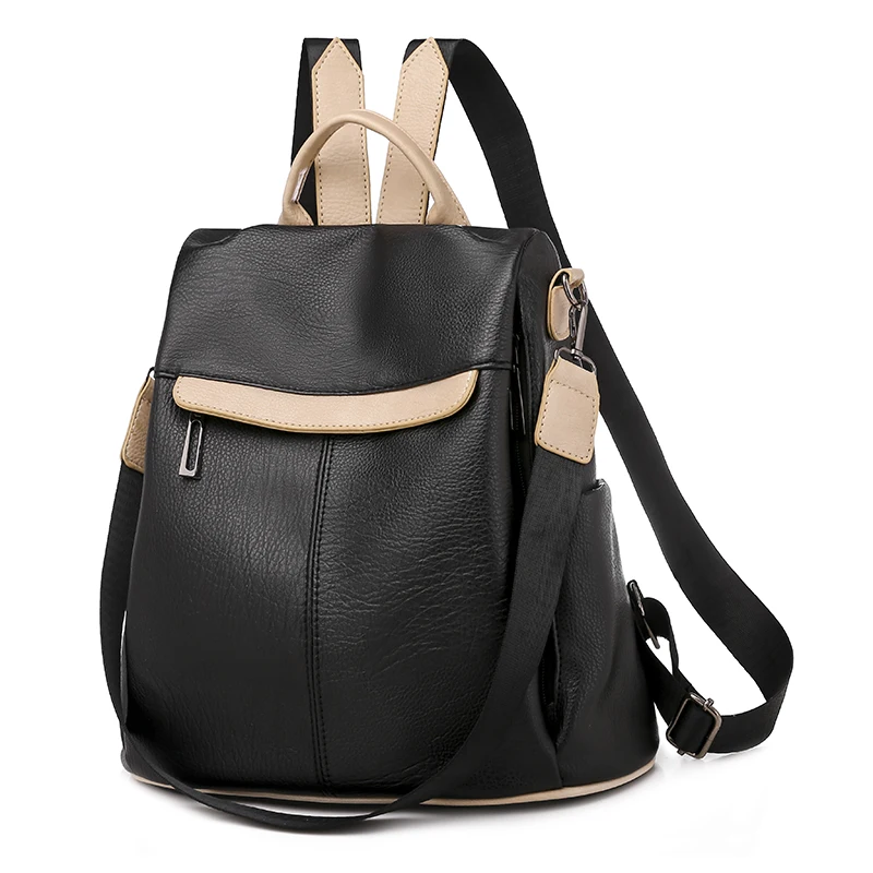 Fashion Leather Backpack Women Shoulder Bag Large Capacity Women Backpack School Bag for Teenage Girls Light Travel Backpack - Цвет: Black