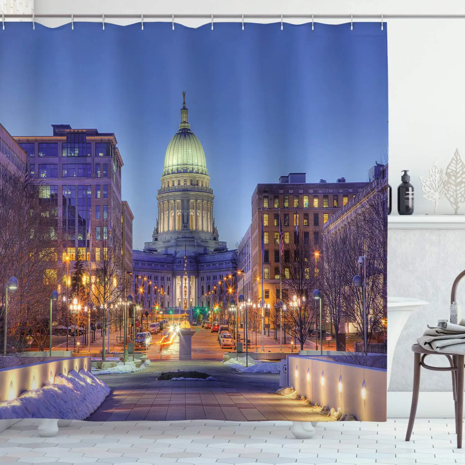 

Wisconsin Shower Curtain, Capital Landmark Building at Twilight Beautiful Architecture in Winter Season, Cloth Fabric Bathroom