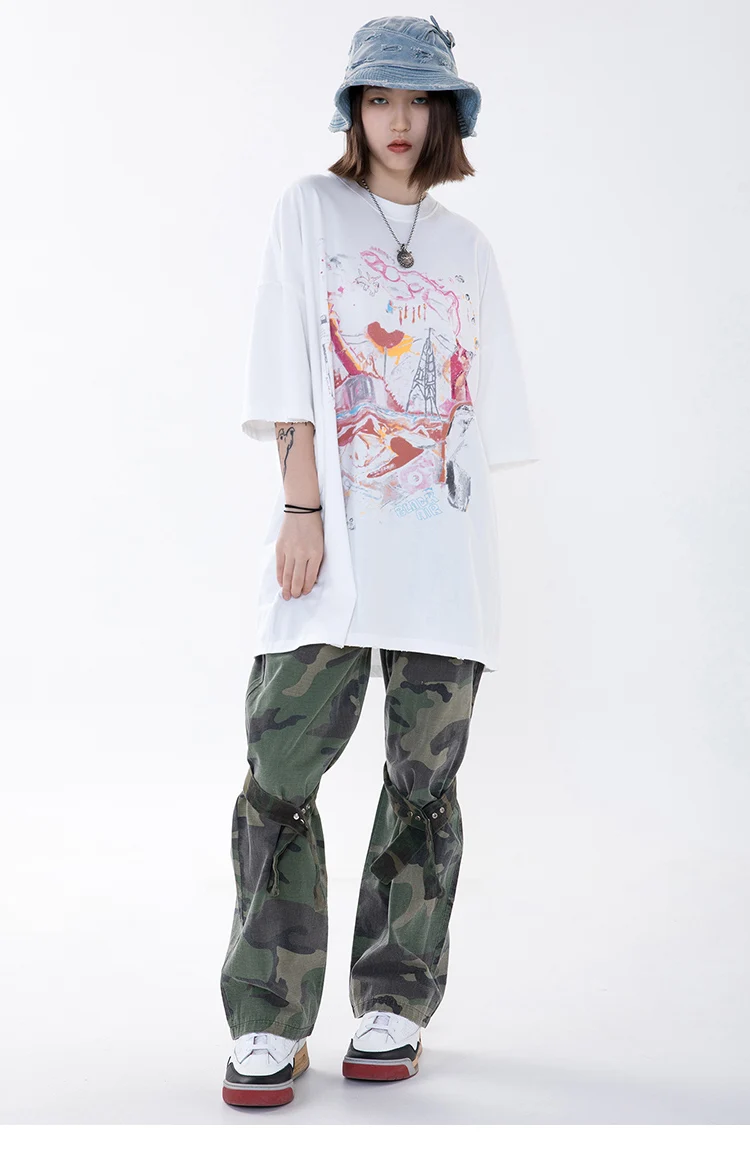 Hip Hop Oversize Washed T-Shirt Streetwear Harajuku Ripped Graphic Printed T Shirt 2021 Men Spring Summer Short Sleeve Tshirt