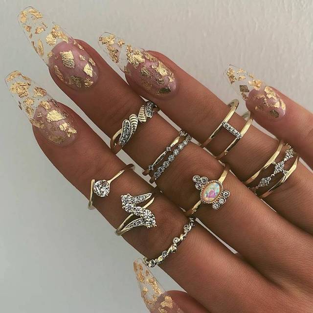 Crystal Geometry Knuckle Finger Ring Set For Women Eye Flower Leaves Charm Chain Rings Female Bohemia Jewelry