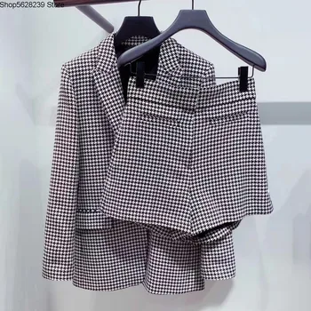 

French Elegant 2020 England Wind Thousand Birds Grid One Grain Buckle Women's Wear Suit + Shorts 190546