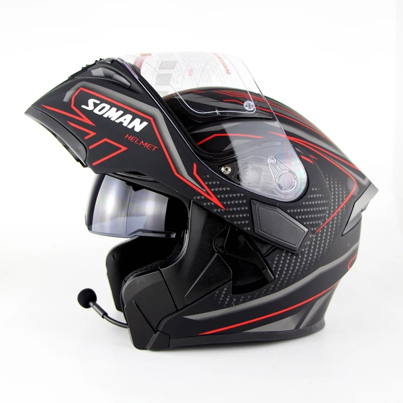 Soman Fullface шлем Bluetooth гарнитура Casco Abs Capacetes Para Moto двойной козырек Casco Moto Capacete Bluetooth мотоциклетные шлемы - Цвет: Black Red