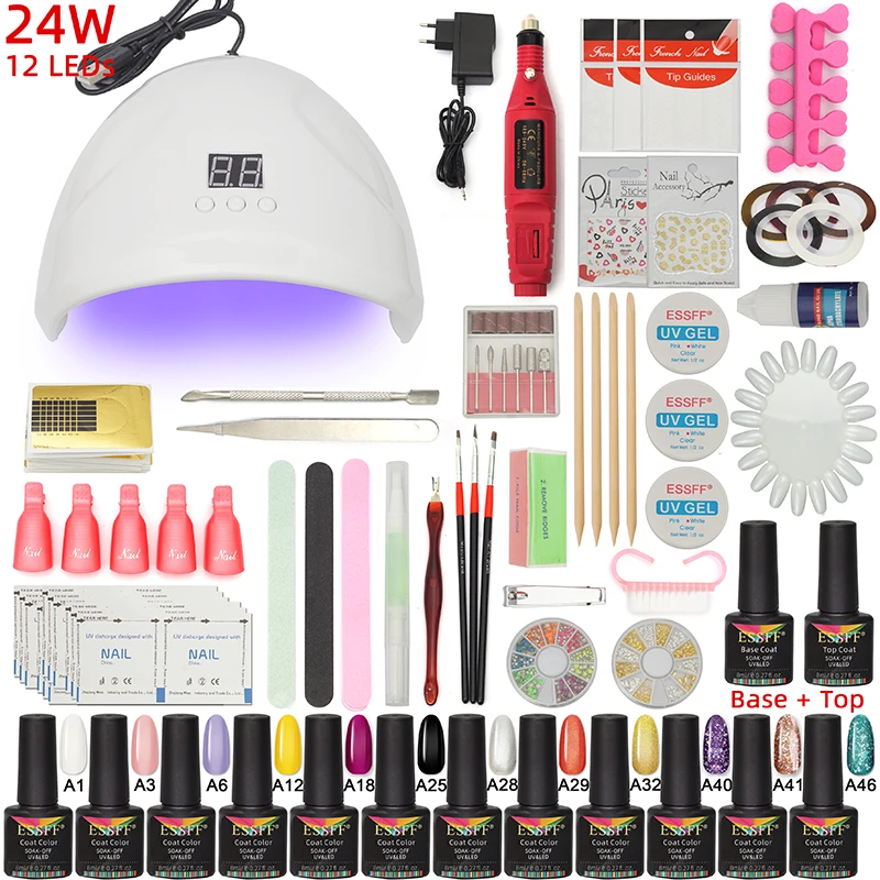 

24W Lamp 12 Gels Set(Fixed Color) Nail Gel Polish Kit Soak Off Manicure Tools Set electric Nail drill For Nail Tools