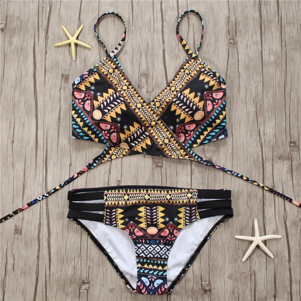 

2019 Summer Swimwear Women Sexy Bandage Aztec Biquini String Strappy Swim Wear Bathing Suit Swimsuit Beachwear Bikini