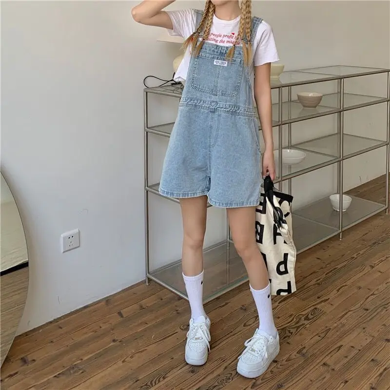 Rompers Women Denim Harajuku Preppy Style Simple Fashion Students Girls Kawaii Chic Straight Playsuits Summer All-match Female