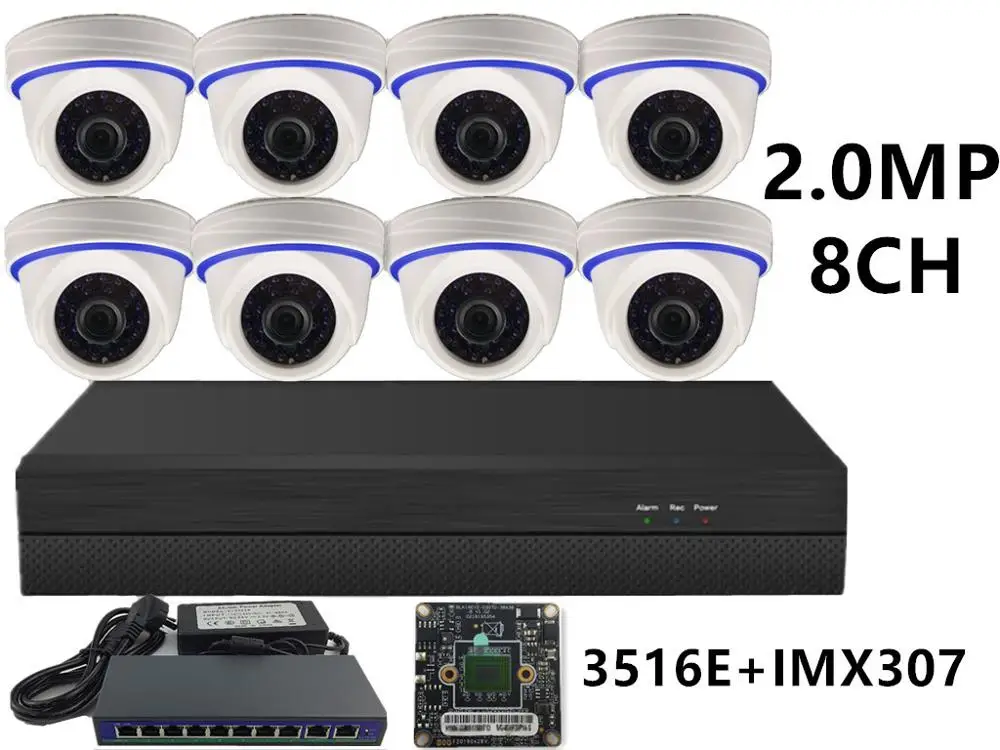 2.0MP 3516E IMX307 8CH IP комплект видеонаблюдения IP купольная камера Внутренняя пластиковая 5.0MP 4.0MP 3.0MP 2.0MP 16*5 Мп NVR 48V PoE переключатель ONVIF P2P Облако - Цвет: 2.0MP 3516E IMX307