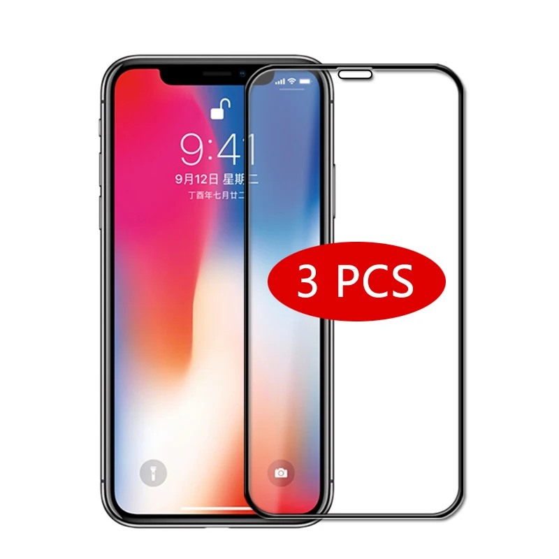 

3Pcs Tempered Glass Film for iPhone X 11 Pro 9D Full cover Screen Protector for iPhone XS MAX XR 8 7 6 Plus Black border Film