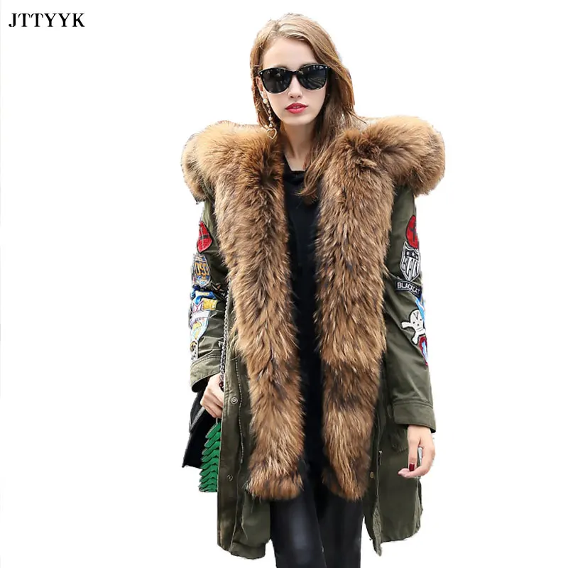 

Oversized Natural Fox Fur Collar Parker Down Jacket Women's 2020 Winter Mid-length High-end Hooded Warm Parkas Thick Warm Coats