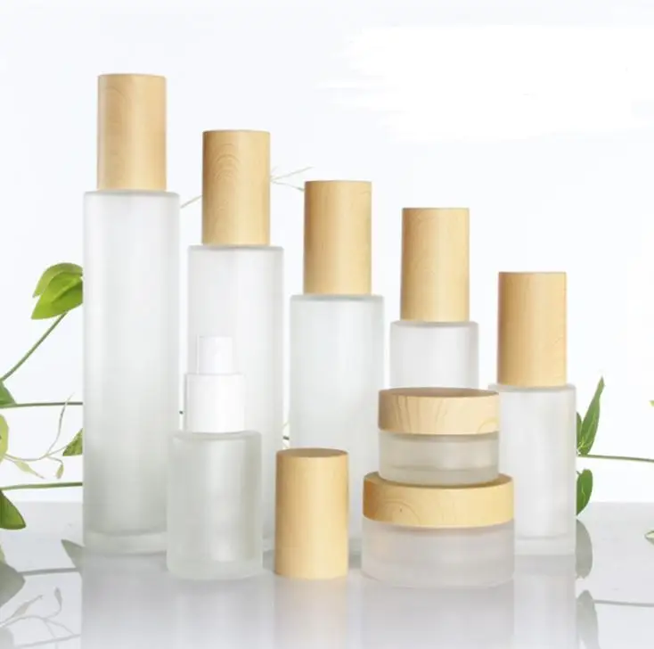 

30ml/40ml/60ml/80ml Frosted Glass Cosmetic Cream Jar Bottle,Face Cream Pot,Essence Lotion Pump Bottle Imitation Bamboo LidsSN036