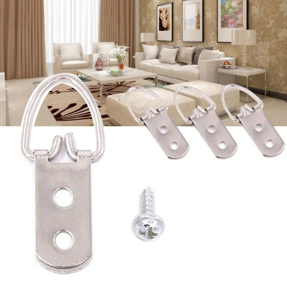 

50pcs/box Tool Art With Screws Wall Non-trace Frame For Home Heavy Duty D Ring Shape Picture Hanger Clock Double Hole Decoration