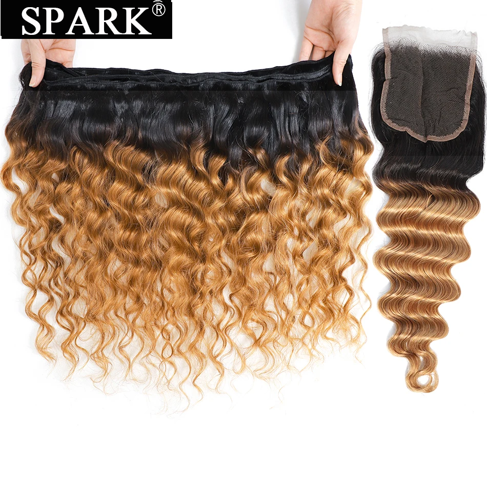 Spark Омбре бразильские пучки волос плетение с закрытием свободные глубокая волна 100% Remy человеческие волосы для наращивания 3/4 пучков с