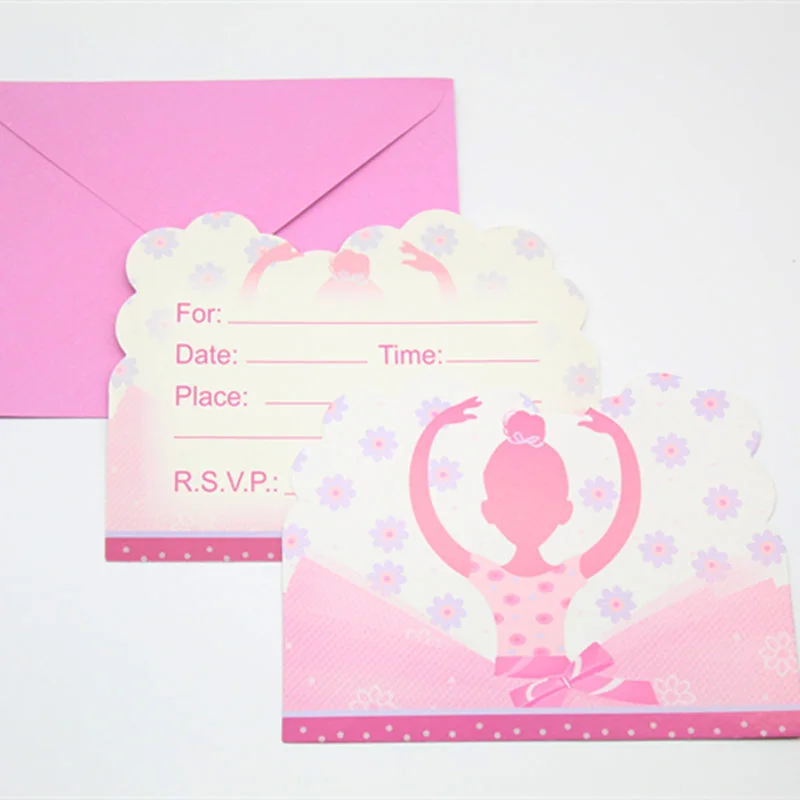 Свадебное приглашение, балетная вечеринка для девочек, детский день рождения, 6 мультяшных принадлежностей, розовая тема, украшение на Пригласительные открытки для детей