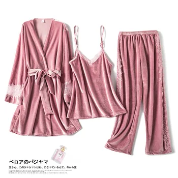 

3PCS Pajamas Suit Pink Velvet Bridal Wedding Robe Set Lady Autumn Winter Sexy Lace V-neck Sleepwear Nightwear Casual Bathrobe