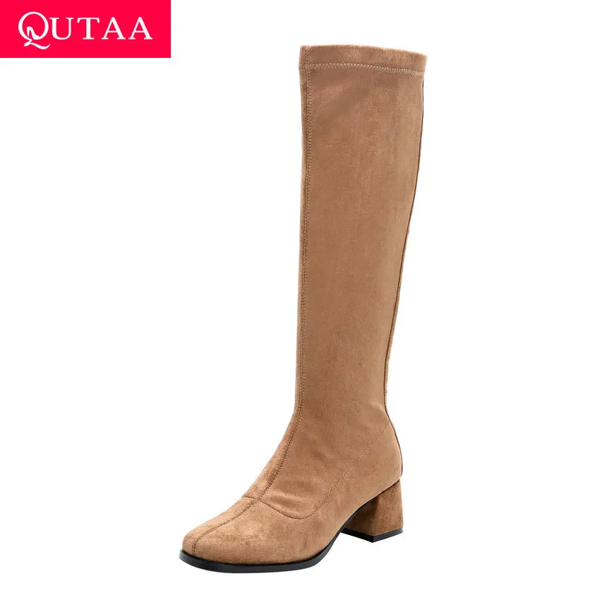 

QUTAA 2020 Women Shoes Kid Suede Retro Square Toe Long Boots Square High Heel Autumn Winter Zipper Knee High Boots Size 34-40