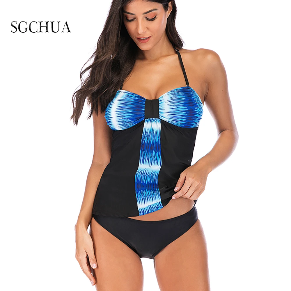 Monkini V Neck Stappy Two Piece Swimsuit Halter Tummy Control Tankini Swimsuits for Women Triangle Bikini Set