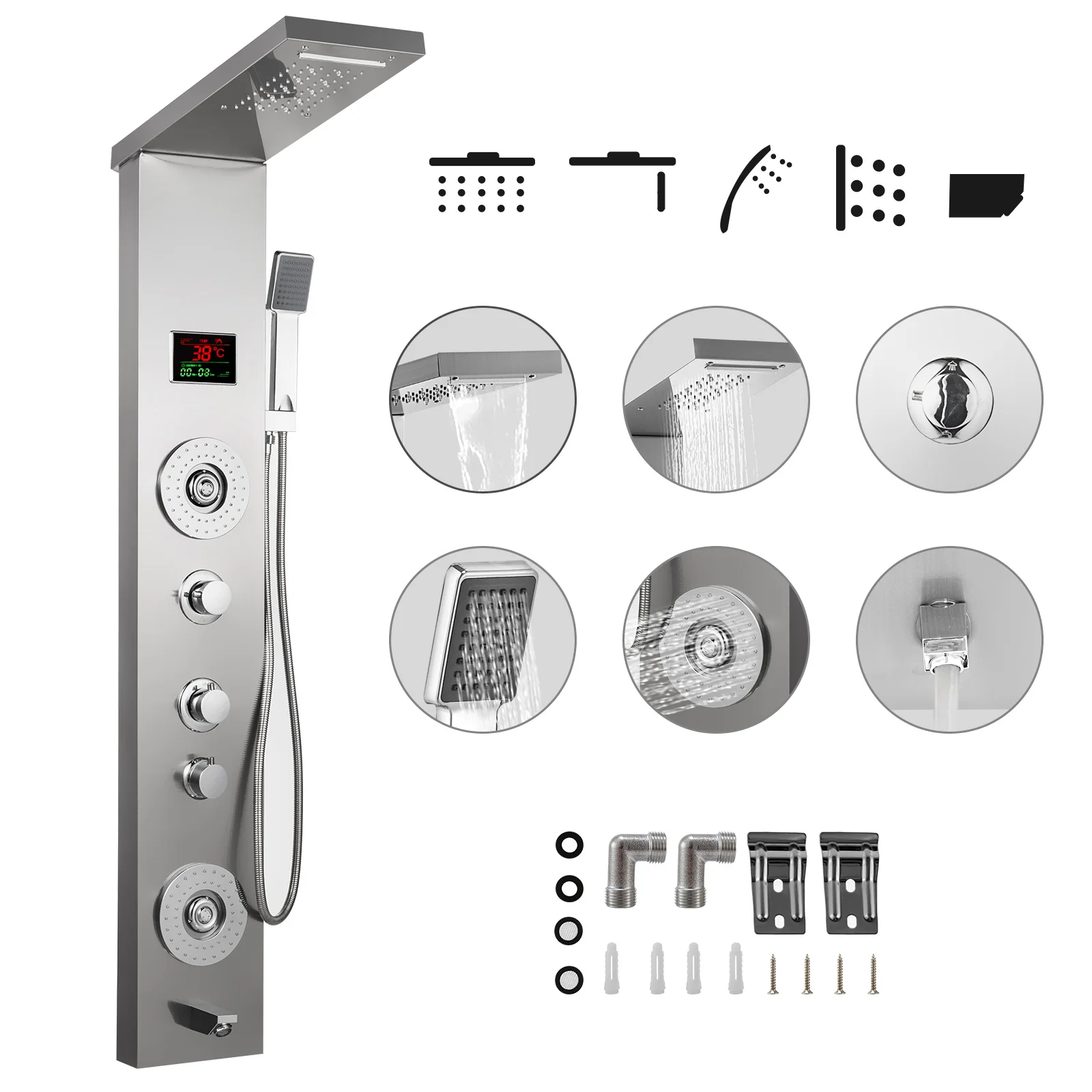 VEVOR Shower Panel Tower 6 in 1 LED Rainfall Rain Massage Stainless Steel Shower Panel Fixtures with Adjustable Body Jets