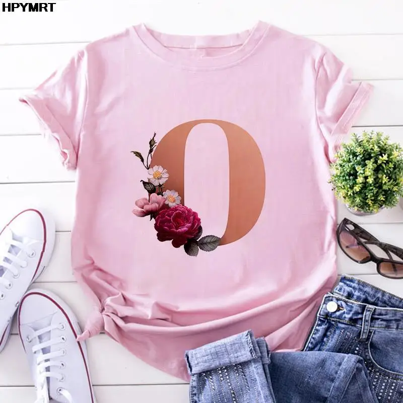 

Women's Summer Pink T-shirt 26 English Letter Printing Series Casual Slim Top Commuter Fashion Harajuku Ladies Short Sleeve Tee