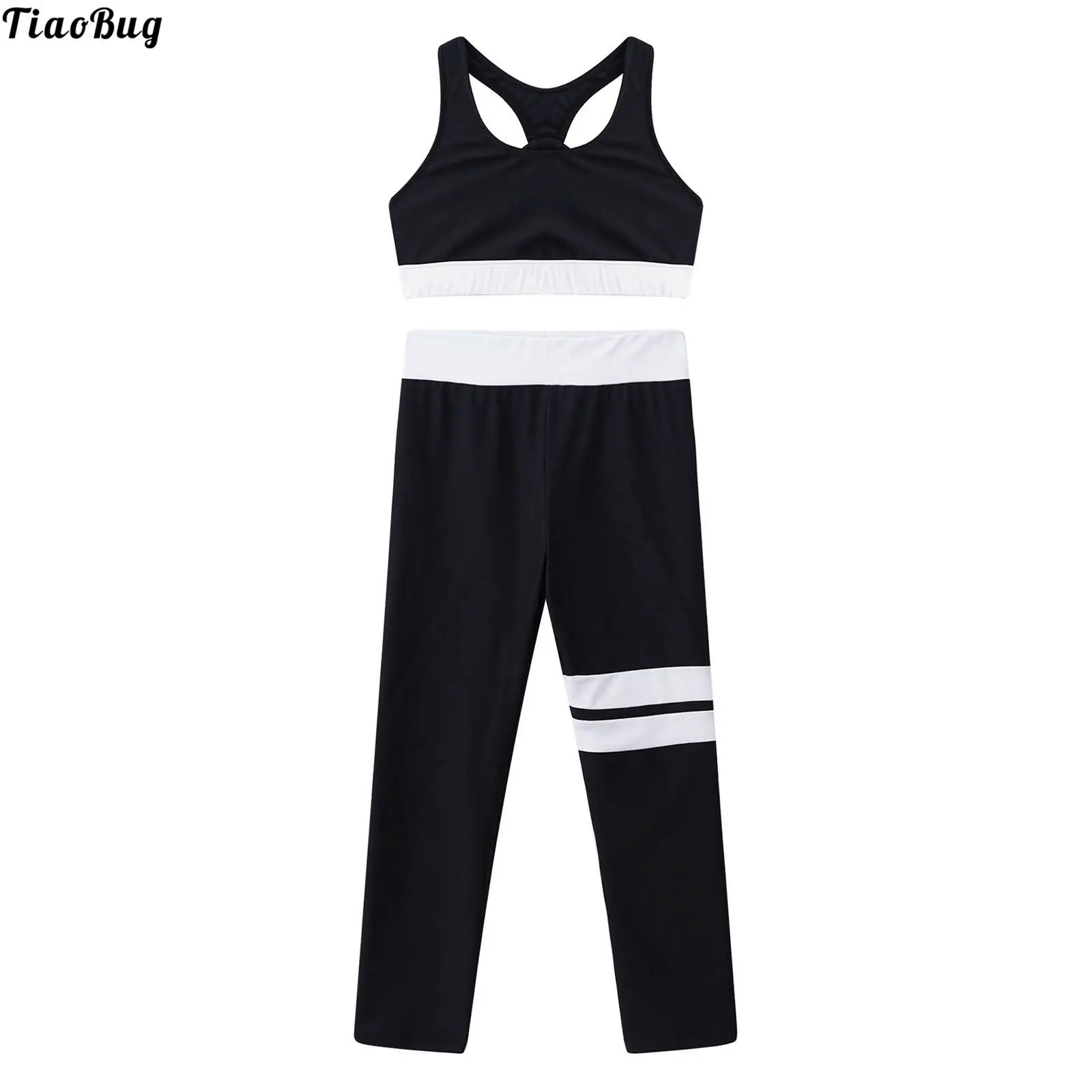 

TiaoBug Summer 2Pcs Kids Girls Sport Suit U Neck Sleeveless Racer Back Open Back Sport Vest And Pants Set Sportswear Tracksuit