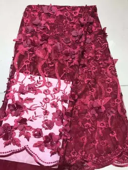 

2019 3 D Flower Embroidery mesh tulLe lace fabric 5yards flower pattern beaded african lace fabrics wholesale for wedding party
