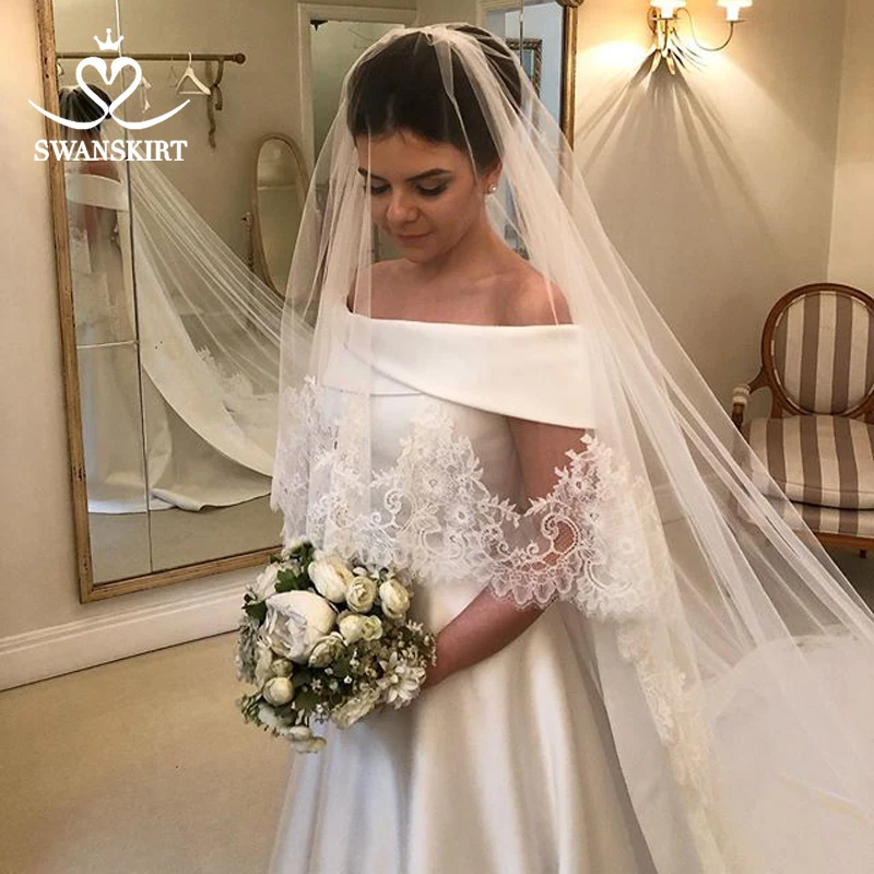 Vestido de Noiva, атласное свадебное платье с открытыми плечами,, шикарная юбка, винтажная принцесса, ТРАПЕЦИЕВИДНОЕ простое платье невесты со шлейфом WY07