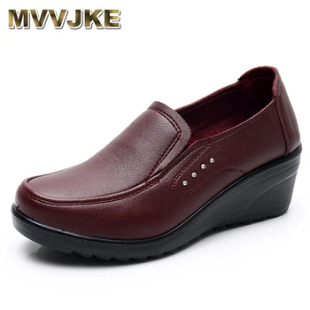 MVVJKE 2021 봄 가을 여성 싱글 슈즈 웨지, 부드러운 밑창, 편안한 큰 사이즈 어머니 가죽 미드 힐 펌프스, 신상